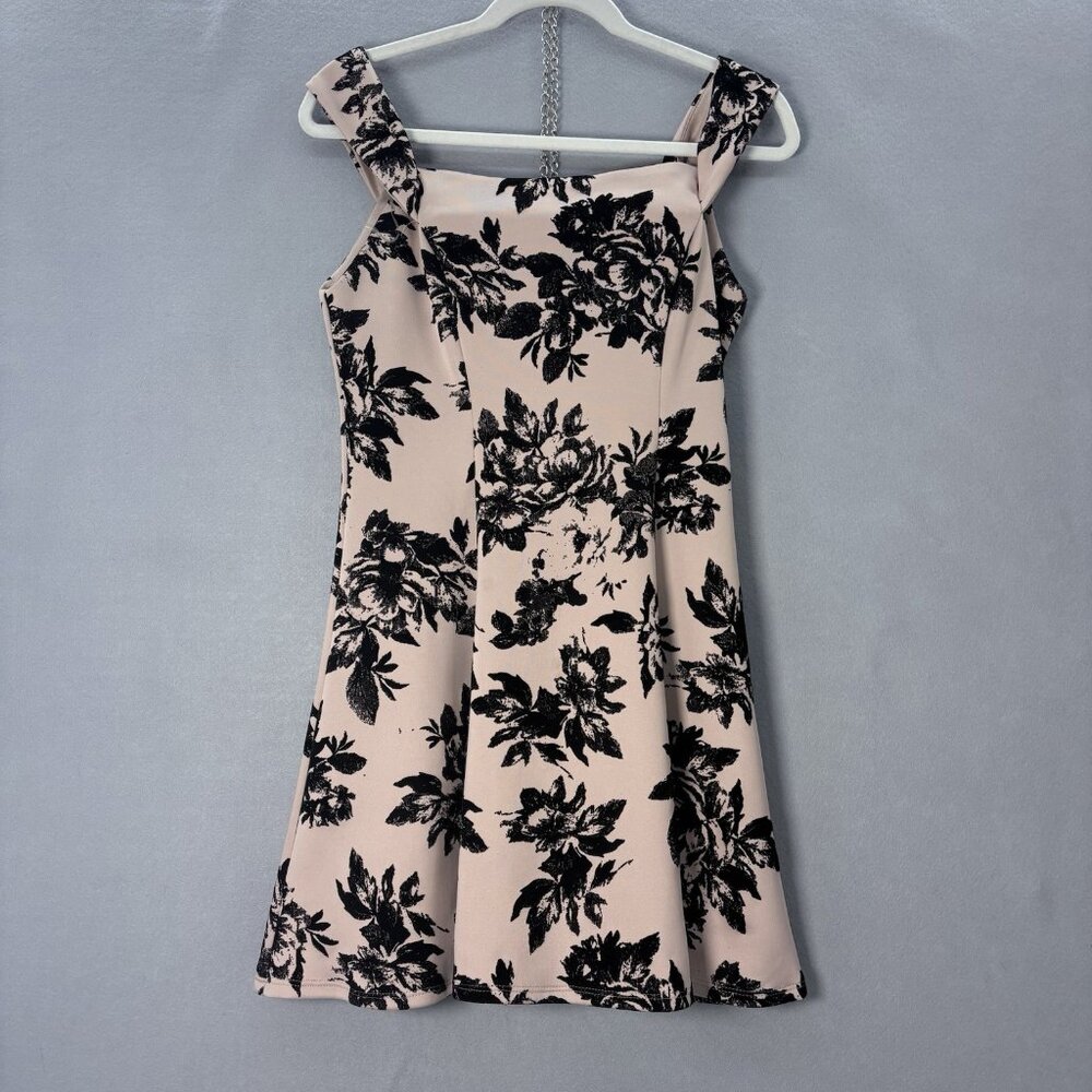 Y2K Teeze Me Tan Dress With Flocked Black Floral Pattern SZ 7 Fit & Flare,Flirty
